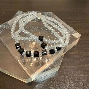 Crystal Beaded Layered Stretch Bracelet With Black Stones